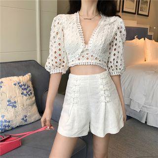 Lace V-neck Crop Top / High-waist Shorts