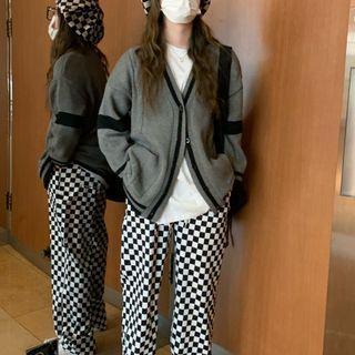 V-neck Cardigan / Checkered Wide Leg Pants