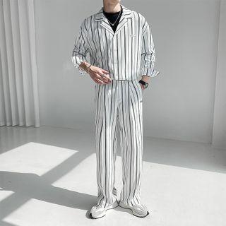 Set: Long-sleeve Striped Shirt + Straight Leg Dress Pants