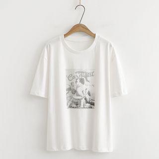 Elbow-sleeve Printed Graphic T-shirt White - One Size