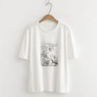 Elbow-sleeve Printed Graphic T-shirt White - One Size