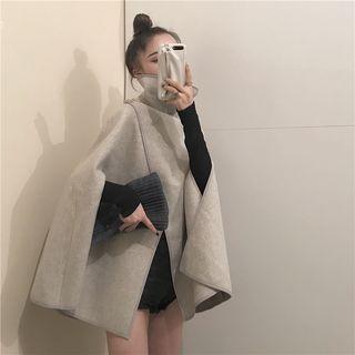 Stand Collar Woolen Cape / Plain Knit Top