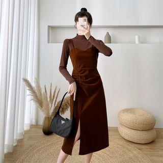 Slit Velvet Midi A-line Overall Dress