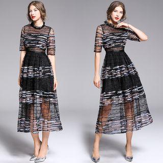 Elbow-sleeve Sequined A-line Midi Dress