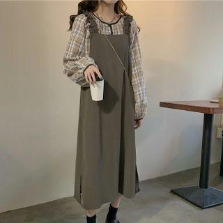 Plaid Blouse / Midi A-line Overall Dress