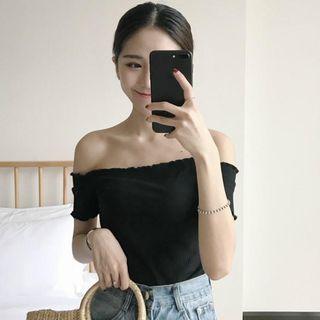 Plain Off-shoulder Short-sleeve T-shirt