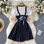 Cold-shoulder Two-tone Panel Mini A-line Dress