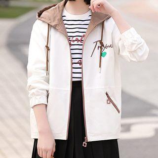Letter Embroidery Zip-up Hooded Jacket