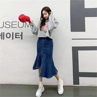 Slit-front Ruffle-hem Denim Skirt
