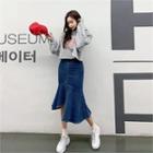 Slit-front Ruffle-hem Denim Skirt