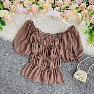 Square-neck Smocked Puff Short-sleeve Cropped Shirt