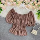Square-neck Smocked Puff Short-sleeve Cropped Shirt