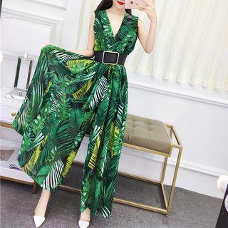 Print Sleeveless V-neck Wide-leg Jumpsuit With Sash