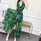 Print Sleeveless V-neck Wide-leg Jumpsuit With Sash