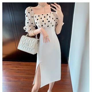 Puff-sleeve Square-neck Dotted Bodycon Dress