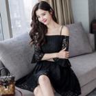 3/4-sleeve Cold Shoulder Lace Mini Dress