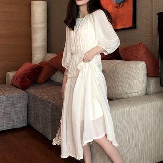 Lantern-sleeve Midi A-line Dress Almond - One Size