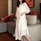 Lantern-sleeve Midi A-line Dress Almond - One Size