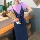 Short-sleeve Plain T-shirt / Denim Strappy Midi Dress