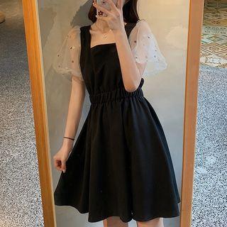 Mesh Puff Sleeve Square Neck A-line Dress As Shown In Figure - One Size