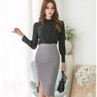 Set: Long-sleeve Blouse + Sheath Skirt