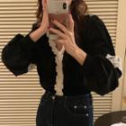 V-neck Lace Flower Trim Velvet Shirt Black - One Size