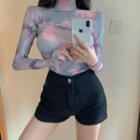 Mock Neck Tie Dye Long-sleeve T-shirt As Shown In Figure - One Size