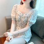 Puff-sleeve Floral Lace Trim Peplum Blouse