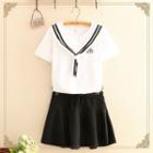 Set: Sailor Collar Short-sleeve Top + Skirt