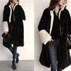 Collarless Contrast-trim Faux-fur Coat