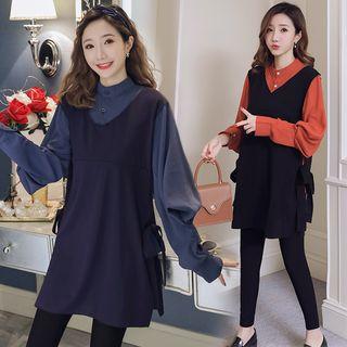 Set: Mock Two-piece Bow Accent Blouse + Cropped Skinny Pants