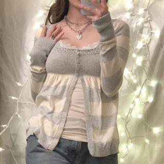 Contrast Square Neck Lace Trim Long Sleeve Knit Top