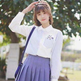 Rabbit Embroidered Striped Panel Shirt As Shown In Figure - One Size