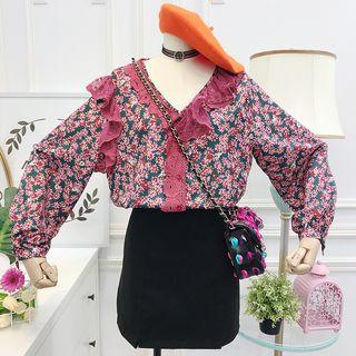 Long-sleeve Lace Trim Floral Top