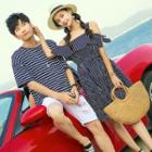 Couple Matching Set: Short-sleeve Striped T-shirt + Cold Shoulder A-line Dress