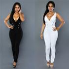 Buttoned V-neck Sleeveless Jumpsuit