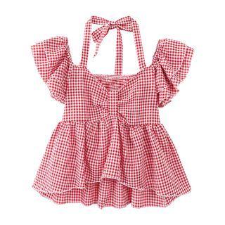 Puff-sleeve Gingham Check Flowy Crop Top
