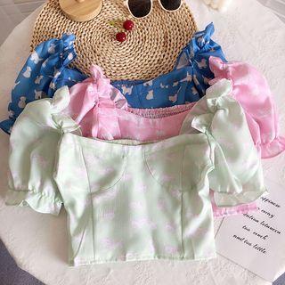 Puff-sleeve Cartoon Print Crop Top
