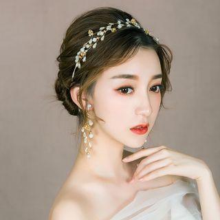 Wedding Set: Rhinestone Headpiece + Dangle Earring Headband & 1 Pair - Clip On Earring - One Size
