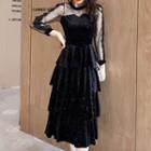 Long-sleeve Paneled Sequined Midi A-line Dress