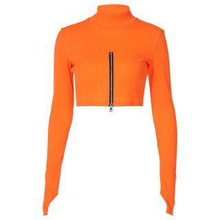 Long-sleeve Mock-neck Zip-up Crop Top