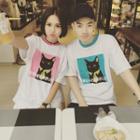 Couple Matching Cat Print Elbow Sleeve T-shirt