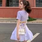 Striped Short-sleeve Cropped Top / Mini A-line Skirt