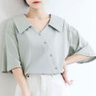 Elbow-sleeve Asymmetric Buttoned Top