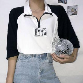 Mock-neck Elbow-sleeve Lettering Top