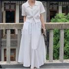 Set: Short-sleeve Plain Shirt + High-waist A-line Midi Skirt