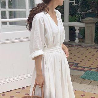 Long-sleeve V-neck Plain Midi Shirt Dress