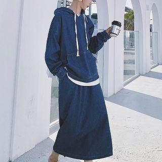 Set: Drawstring Denim Hoodie + Slit-back Denim Skirt