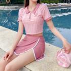 Set: Short-sleeve Striped Tankini Top + Swim Skirt