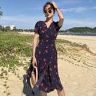 Short-sleeve Cherry Print A-line Midi Dress Cherry - Navy Blue - One Size